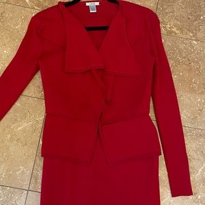 Cache 2 piece red suit blazer (M) and skirt (S). Made of vintage jersey fabric.